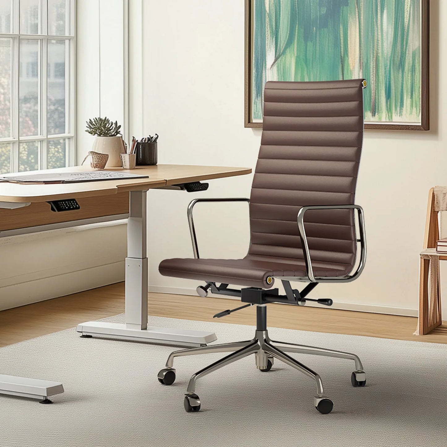 High Mid Back Ribbed Office Chair Genuine Leather Swivel Chair Adjustable Ergonomic Computer Chair with Aluminium Alloy Frame