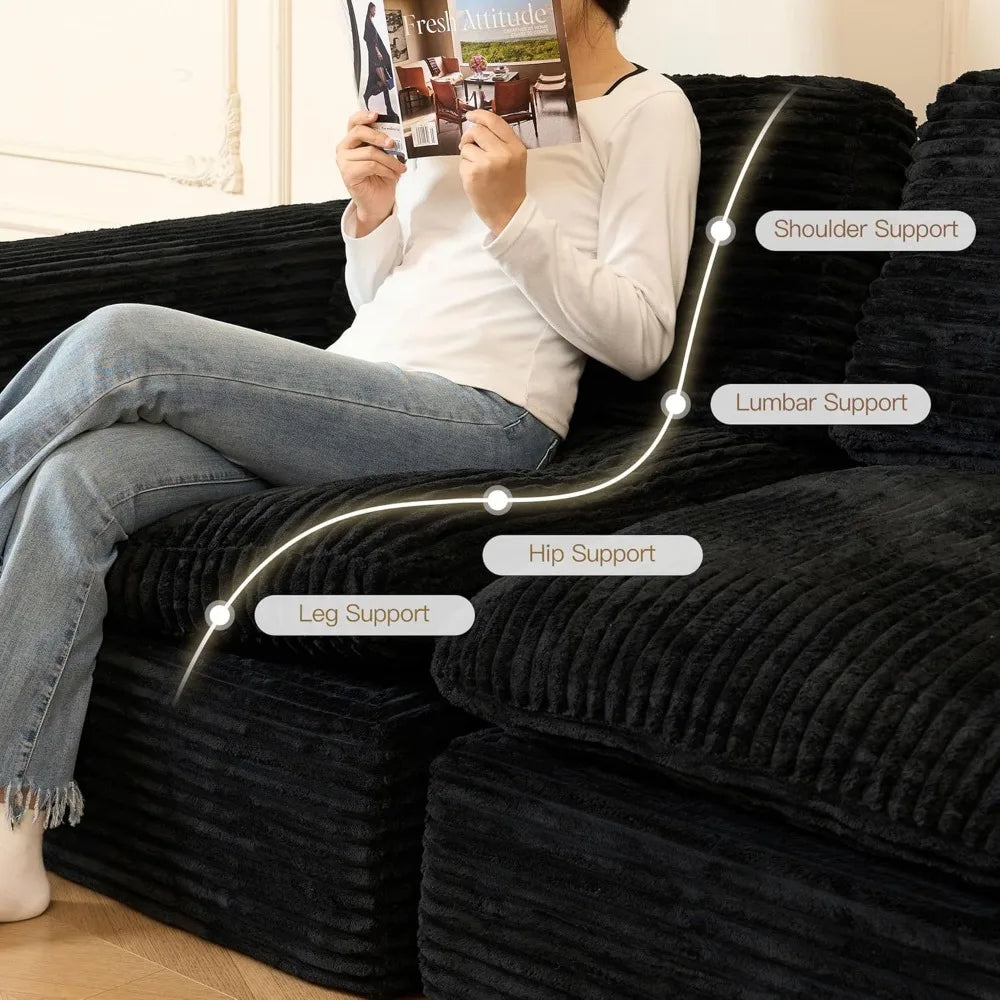 Cloud Sectional Couches for Living Room Plush Corduroy U Shaped Boneless Modular Sectional Sofa with Deep Seat. Black Couch.