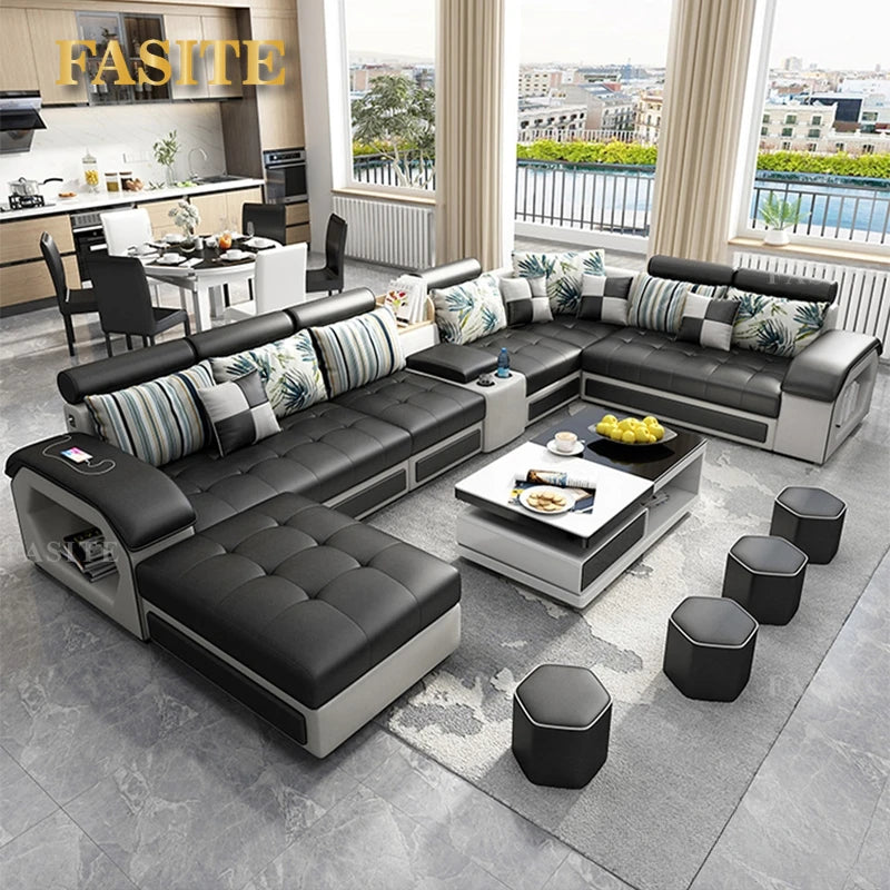Fabric Sofa Set Furniture Living Room with USB and Stools / Big U Shape Cloth Couch for Home Furniture