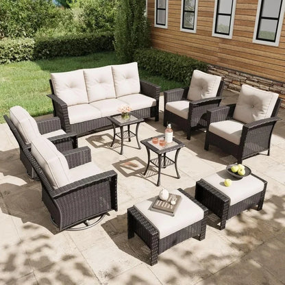 9-Piece Outdoor Wicker Conversation Set with 360-Degree Swivel Chairs