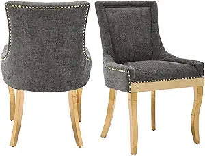 Fabric Upholstered Side Chairs Set of 2, Solid Wood Kitchen Dining Room Chairs with Nailheads Legs (Fabric Beige)
