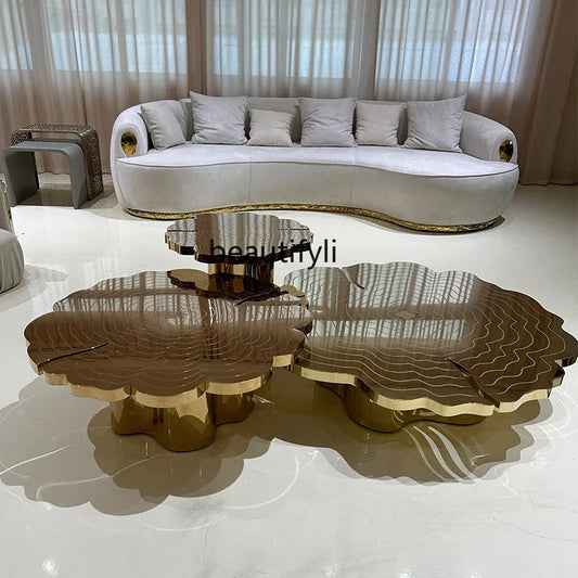 xz1Italian light luxury round coffee table high-end villa living room stainless steel heterosexual etching high and low combinat