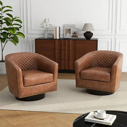 Swivel Barrel Accent Chairs, Comfortable Modern Upholstered Round Faux Leather Armchairs for Living Room and Bedroom, Beige, Set