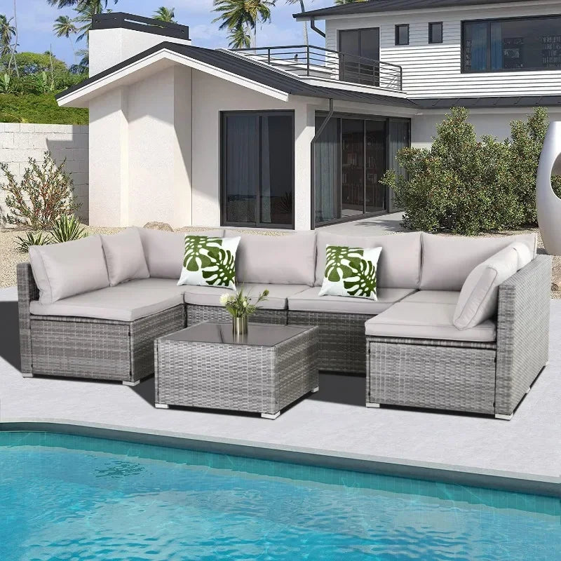 --Wicker Outdoor Sectional Sofa SetPE Rattan Patio Conversation Set WithCushions And Coffee Tablefor Outside,Garden,Poolside,Por