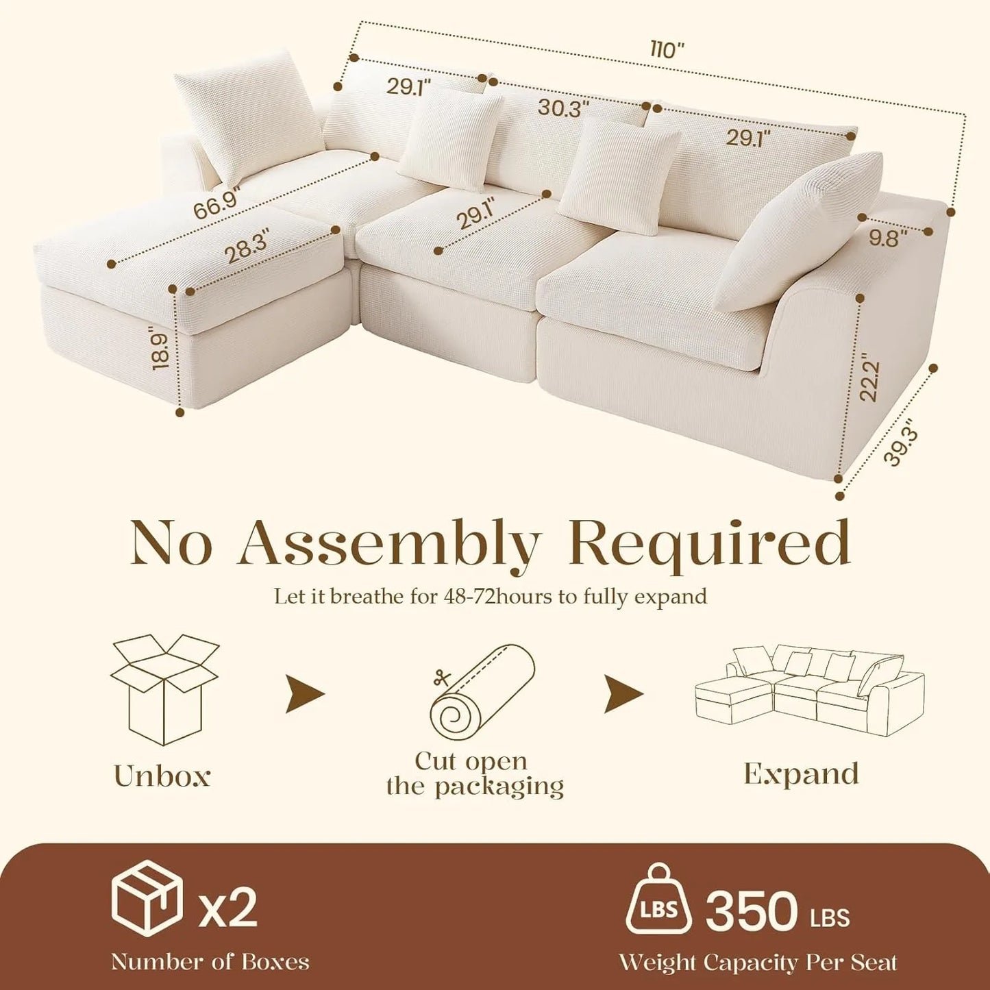 110" L-Shaped 3-Seat Modular Sectional Sofa with Movable Design