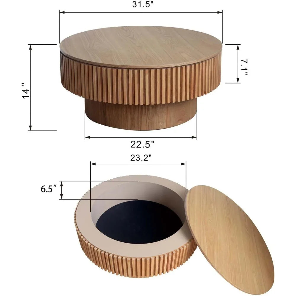 Contemporary Wooden Coffee Table with Storage, Round Solid Wood Accent Table for Living Room