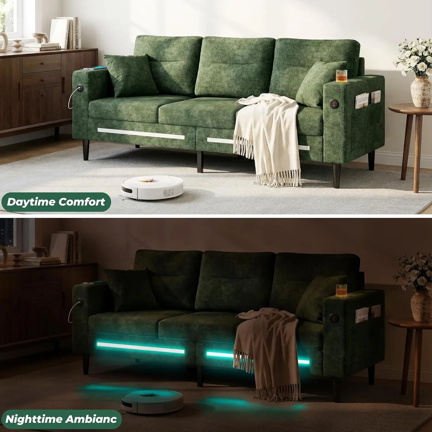 77" Small Cloud Loveseat 3 Seater Sofa, Green | Deep Seat, LED Light, USB Charger, Chenille, Modern, Customized