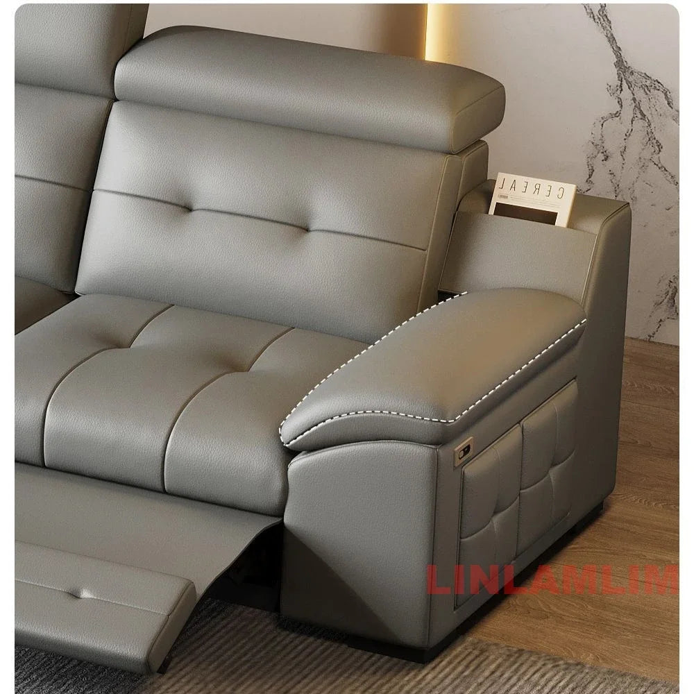 Electric Reclining Sectional Sofa Bed with Cup Holder & Adjustable Headrests – Italian Genuine Leather Convertible Sleeper Couch