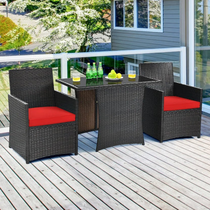 Patio 3PCS Rattan Furniture Set Cushion Sofa Armrest Garden Deck Red