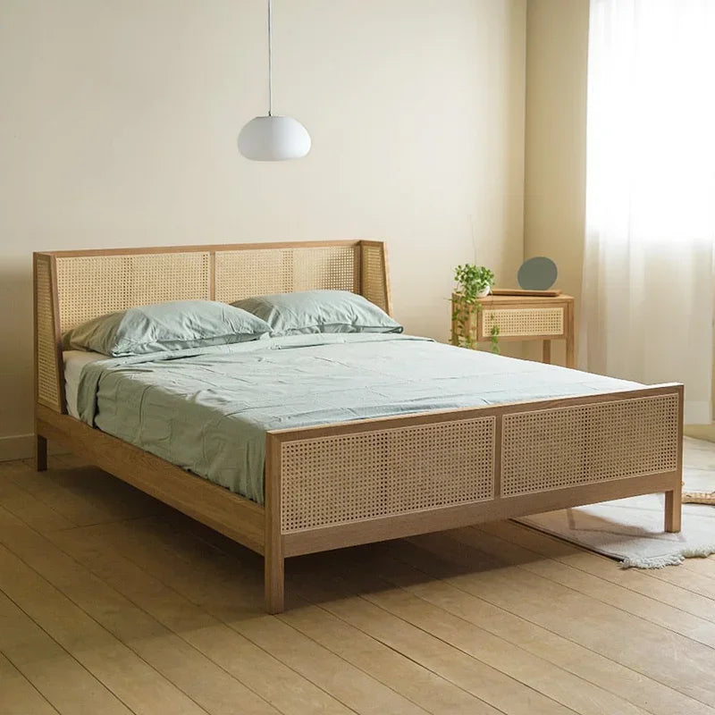 Vine Weaving Bed Japanese Solid Wood Bed Small Family Homestay White Wax Wood Main Bedding 1.51.8m Household Simple Vine Art Bed