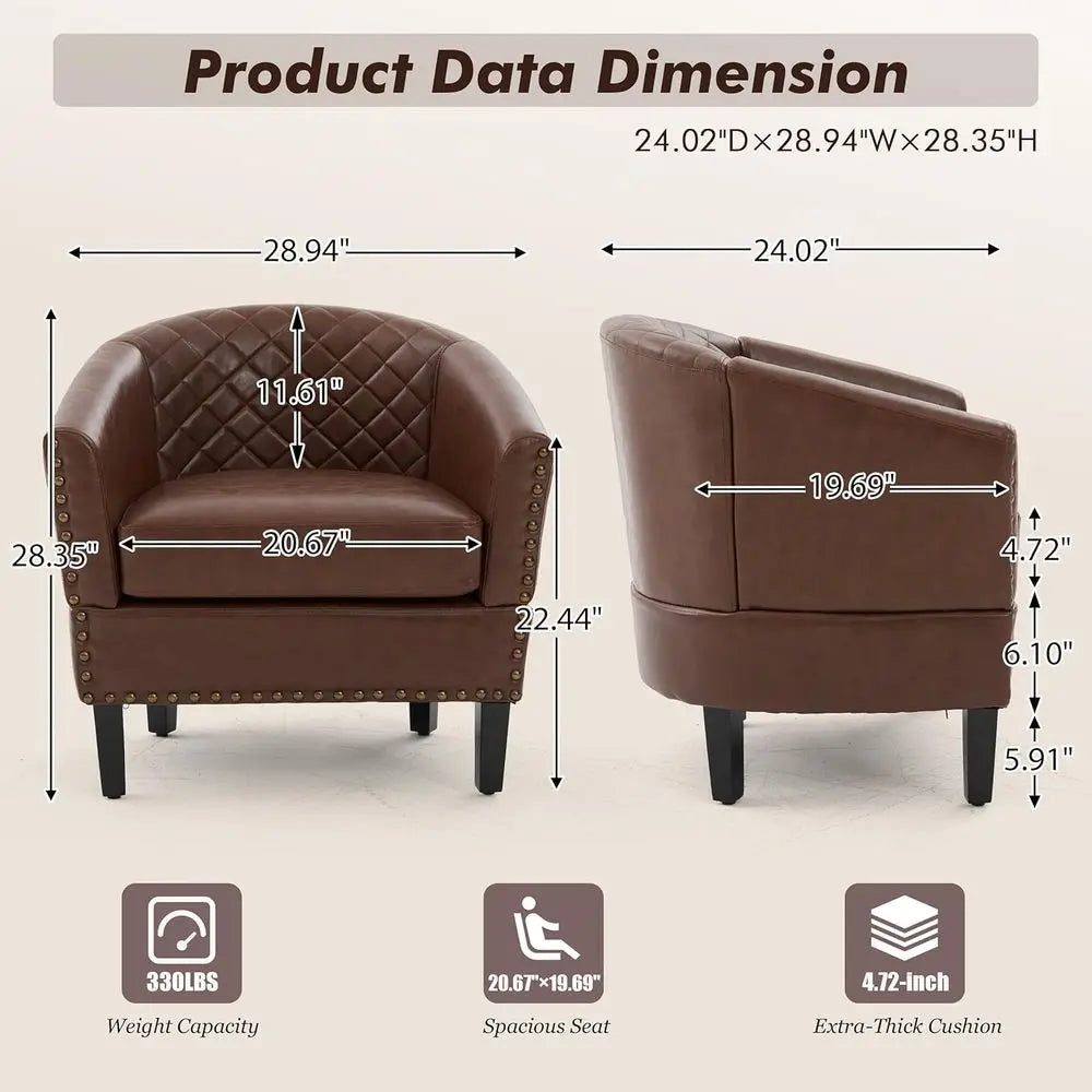 PU Barrel Chair Set of 2 Living Room Chair, Upholstered Sofa Club Chair Set with Nail-Heads and Solid Wood Legs for Bedroom, Off