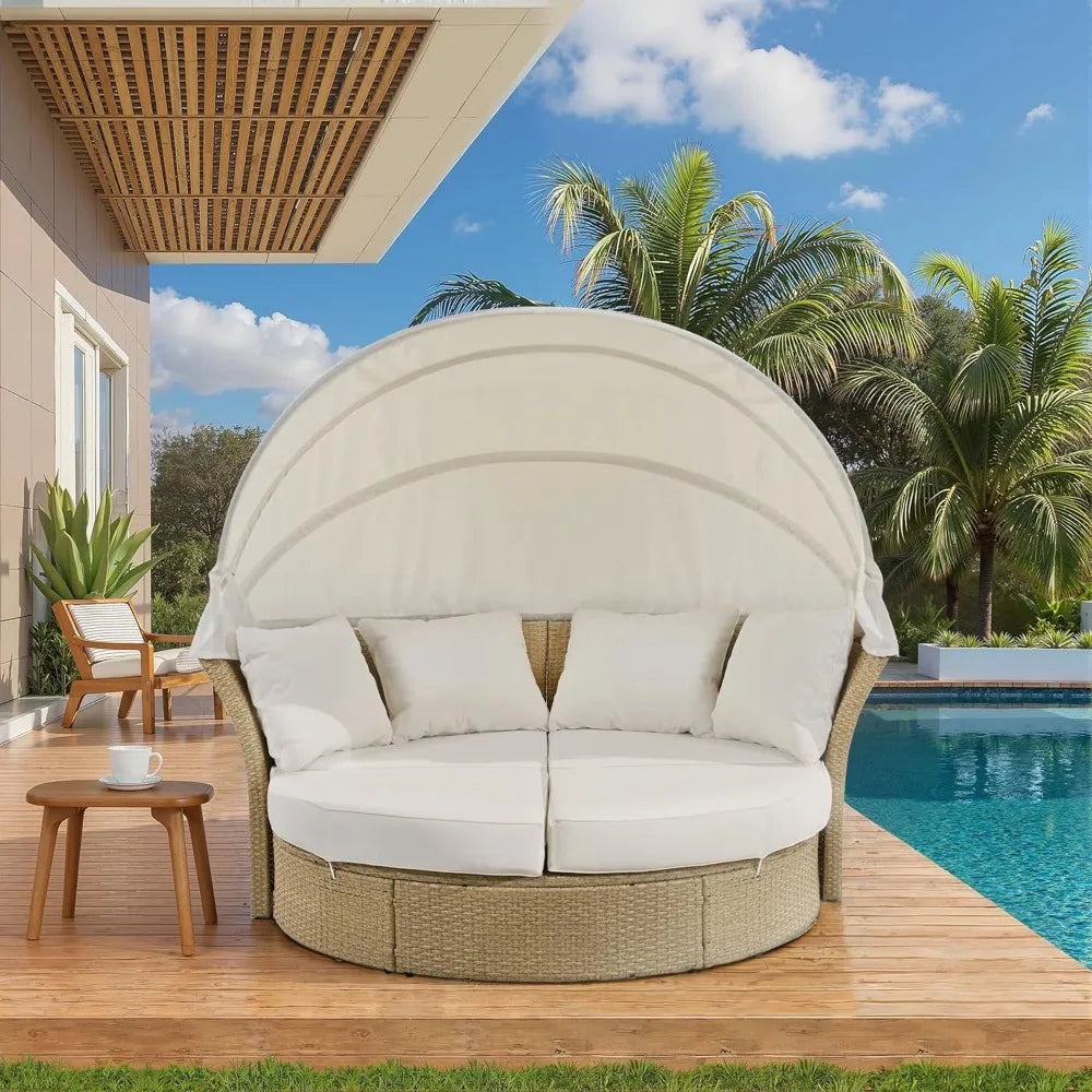 Outdoor Canopy Bed Patio Daybed with 4 Pillows, Wicker Rattan Double Daybed Round Sofa Furniture Set with Retractable Canopy, 2