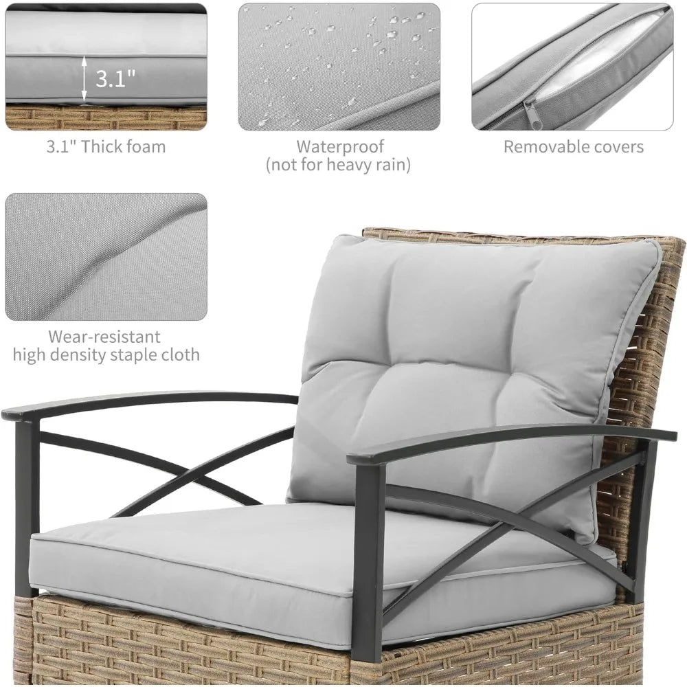 Grey 3-Piece Outdoor Wicker Rocking Chair Set with Cushions and Table for Patio Bistro