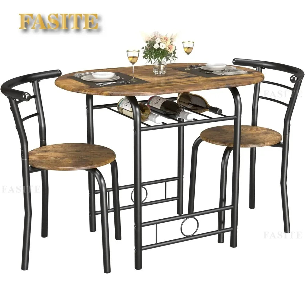 3Piece Wooden Round Table&Chair Set,Space Saving Wood Grain Tabletop with Metal Frame Built for Kitchen,Dining Room(Brown/Black)