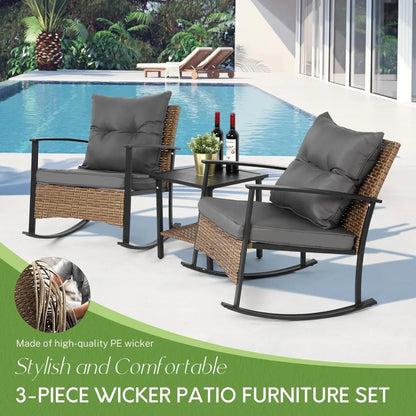 Wicker Rocking Chairs for Outdoors 3 Piece, Patio Rocking Chairs Set of 2, Patio Furniture Set, Small Outdoor Set for Porch, Poo