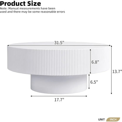 modern 31 inch round coffee table with sturdy base, wood center tables for living room reception room, easy assemble, white
