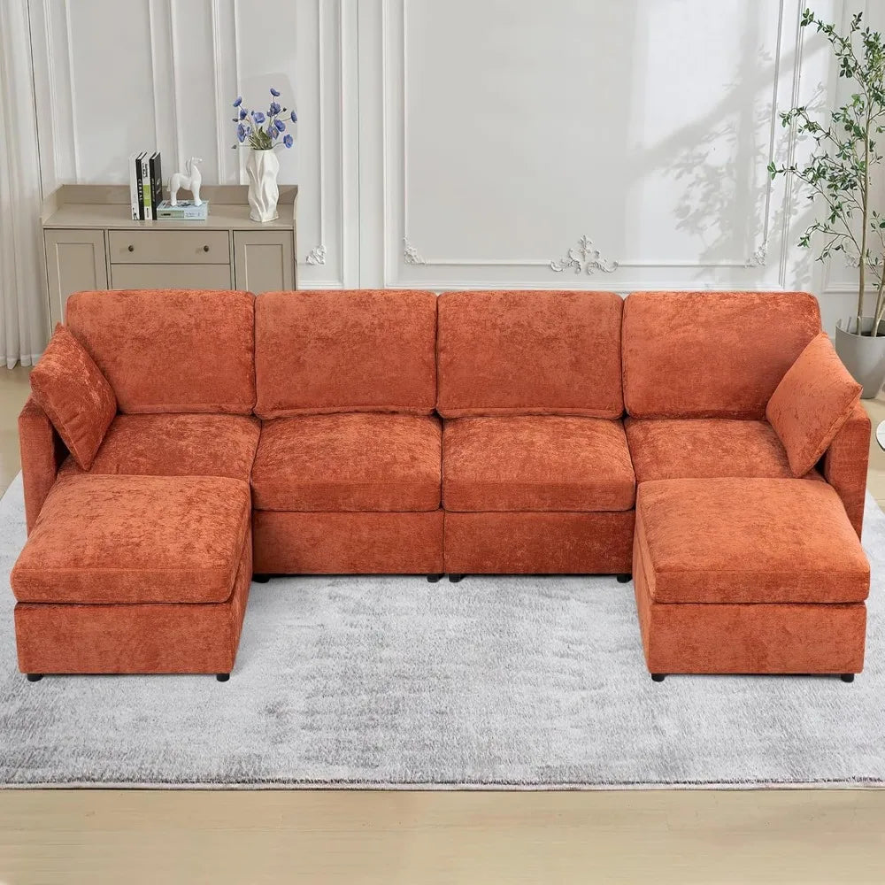 110” Chenille 4 Seater Sofa W/Movable Ottomans, Modern Fabric U-Shaped Couch w/Soft Backrests, Upholstered Sectional Sofa w/Arm