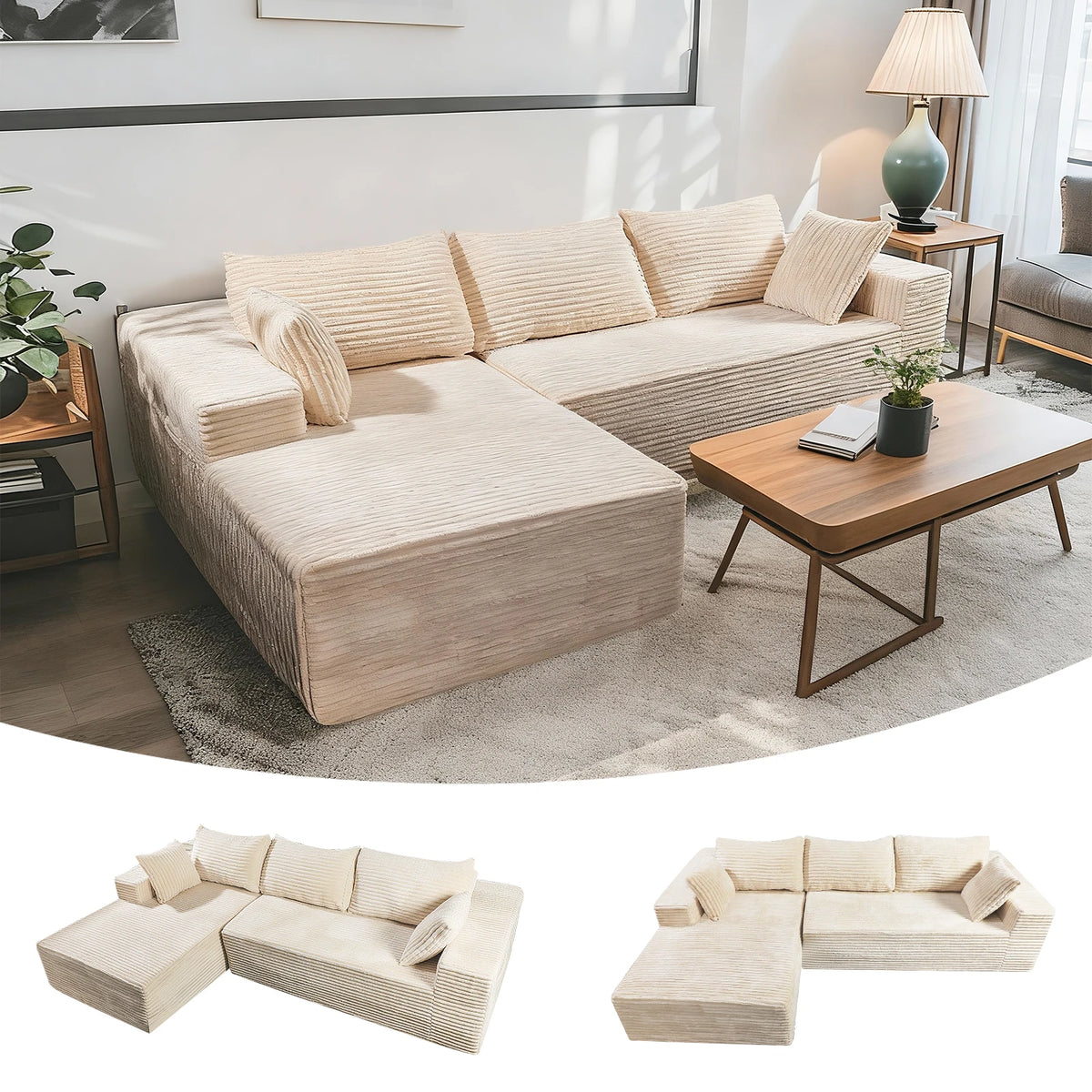 Sofa Relax in Comfort  Cloud-Like Corduroy Sectional Sofa with Chaise and Built-In Storage