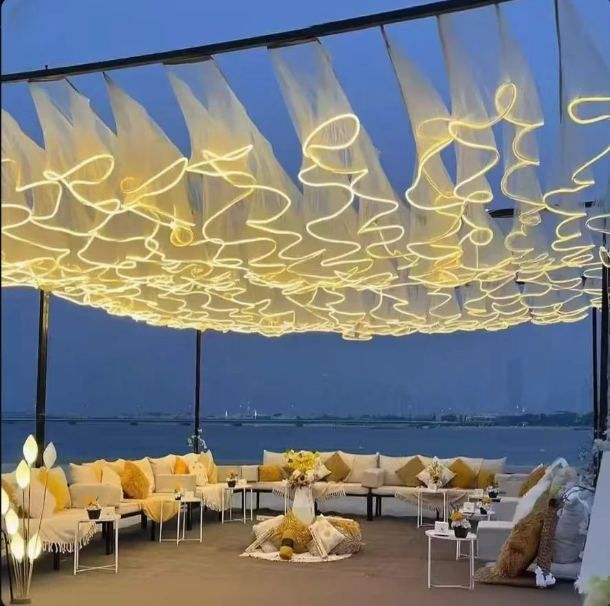 Glowing Curtain for Wedding Ceiling Decor, White Wave Tulle Fabric with Lights, Romantic Party Christmas Event Decoration