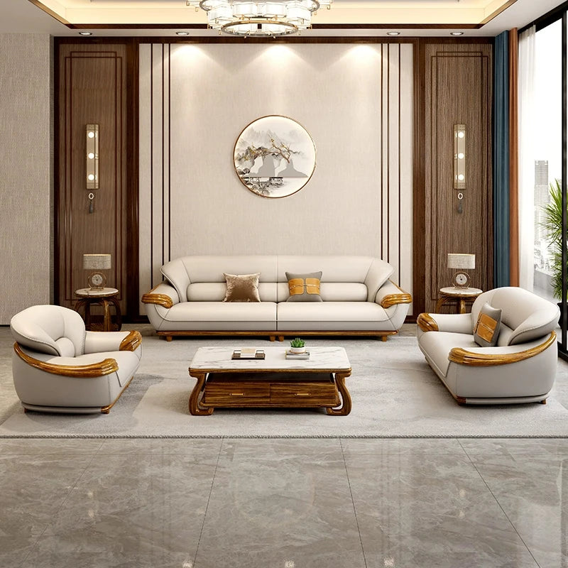 Modern new Chinese ebony sofa top layer cowhide high-end living room leather sofa