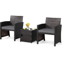 3 Piece Outdoor Bistro Set, PE Wicker Patio Conversation Set with Side Storage Table with Door, Soft Cushions and Pro