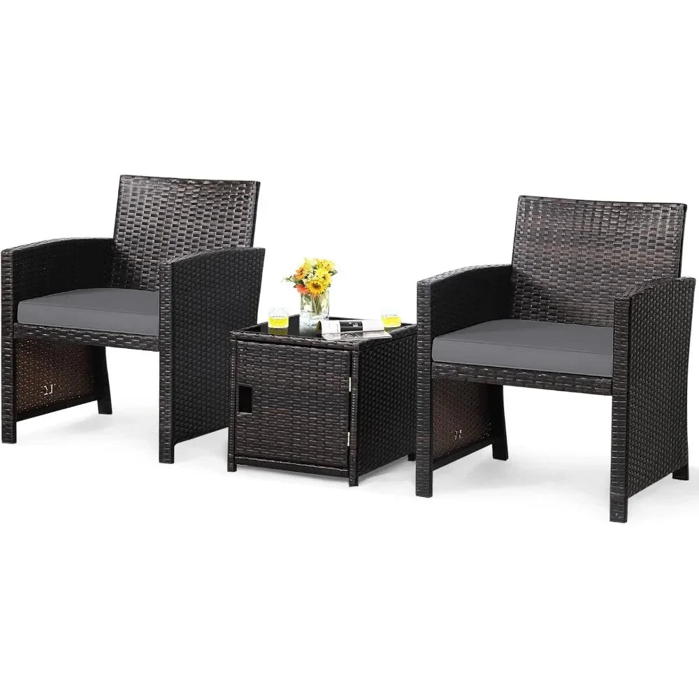 3 Piece Outdoor Bistro Set, PE Wicker Patio Conversation Set with Side Storage Table with Door, Soft Cushions and Pro