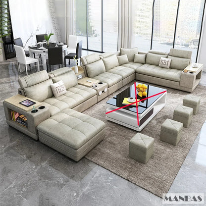 MANBAS Modern U-Shaped Fabric Sectional Sofa Set with Storage, Cup Holders, Speaker, USB, Bookshelf and Stools for Living Room