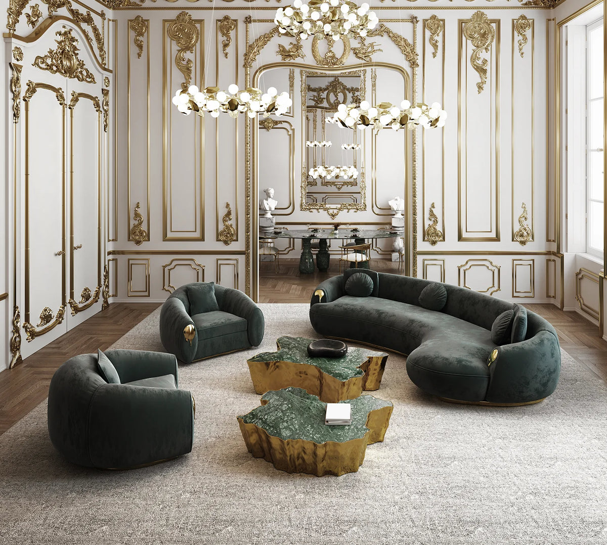 High End Home Furniture Customized Italian Design Luxury Curved Couch Living Room Sofa Set Modern Brass Base Nubuck Fabric Sofa