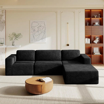 97" L-Shape Modular Sofa, 3-Seat Corduroy Couch with Movable Ottoman, Sectional Sofa for Living Room, Green, Customized