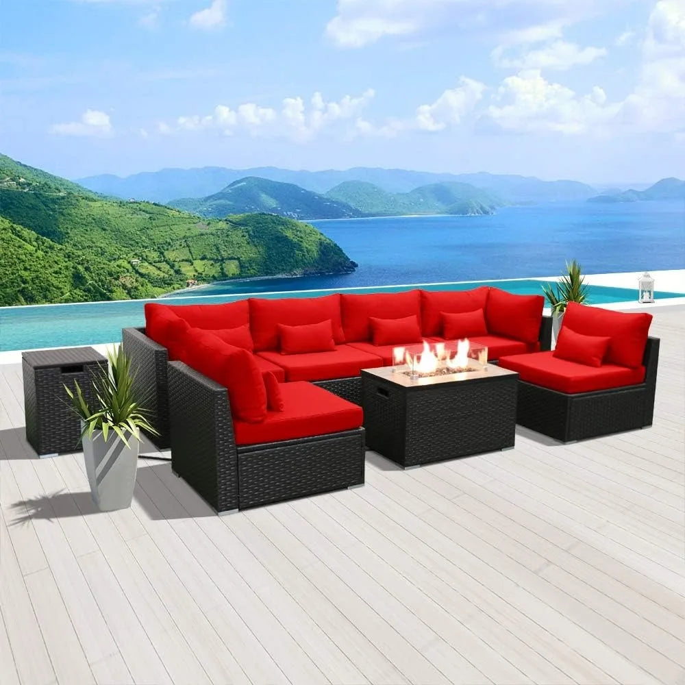 wicker rattan outdoor patio furniture with fire pit and sectional sofa seating