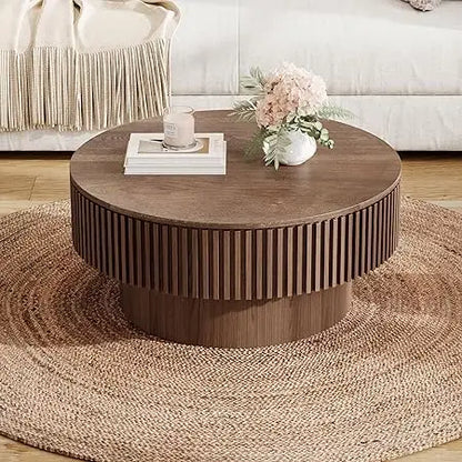 Round Coffee Table, Modern Black Side Table End Table for Living Room, Wood Circle Drum Coffee Table with Handcrafted Relief, Co
