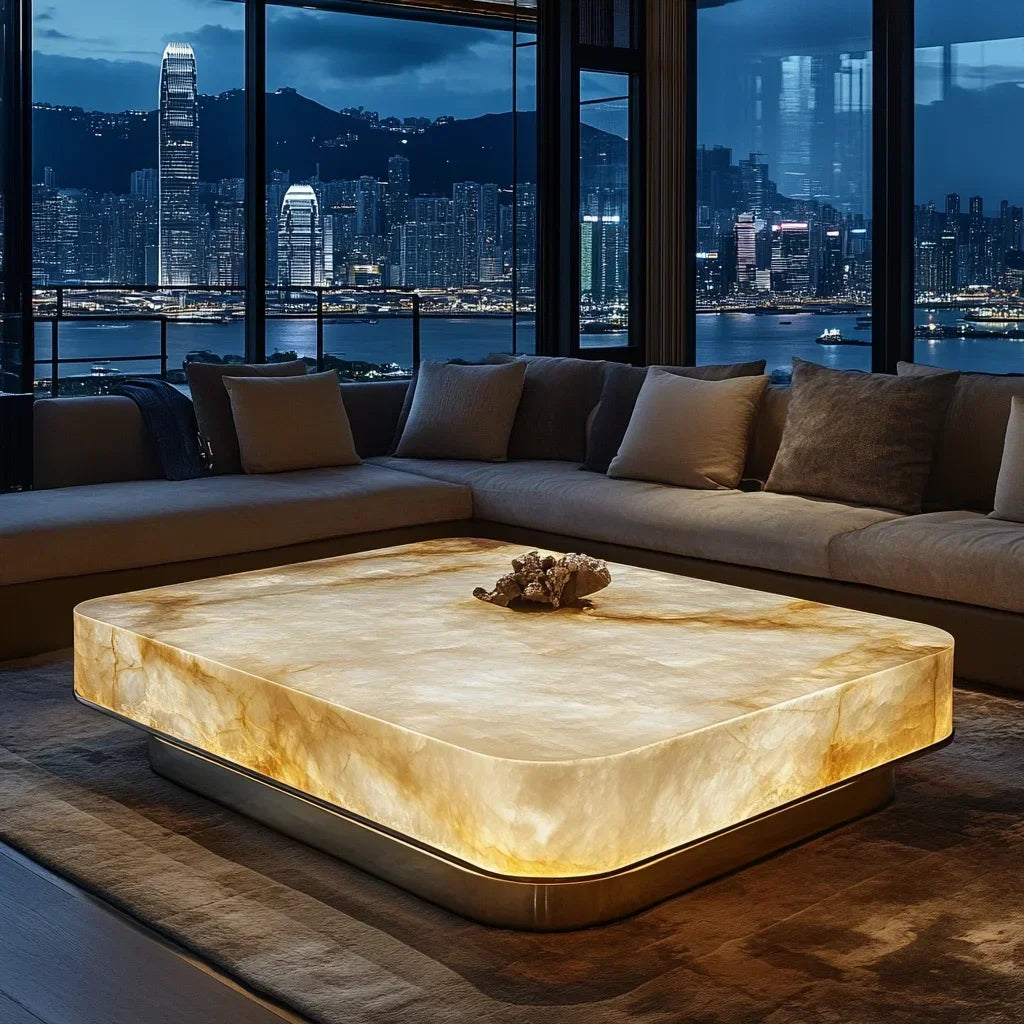 Square luxury stone leather luminous jade coffee table large flat-floor villa living room modern marble