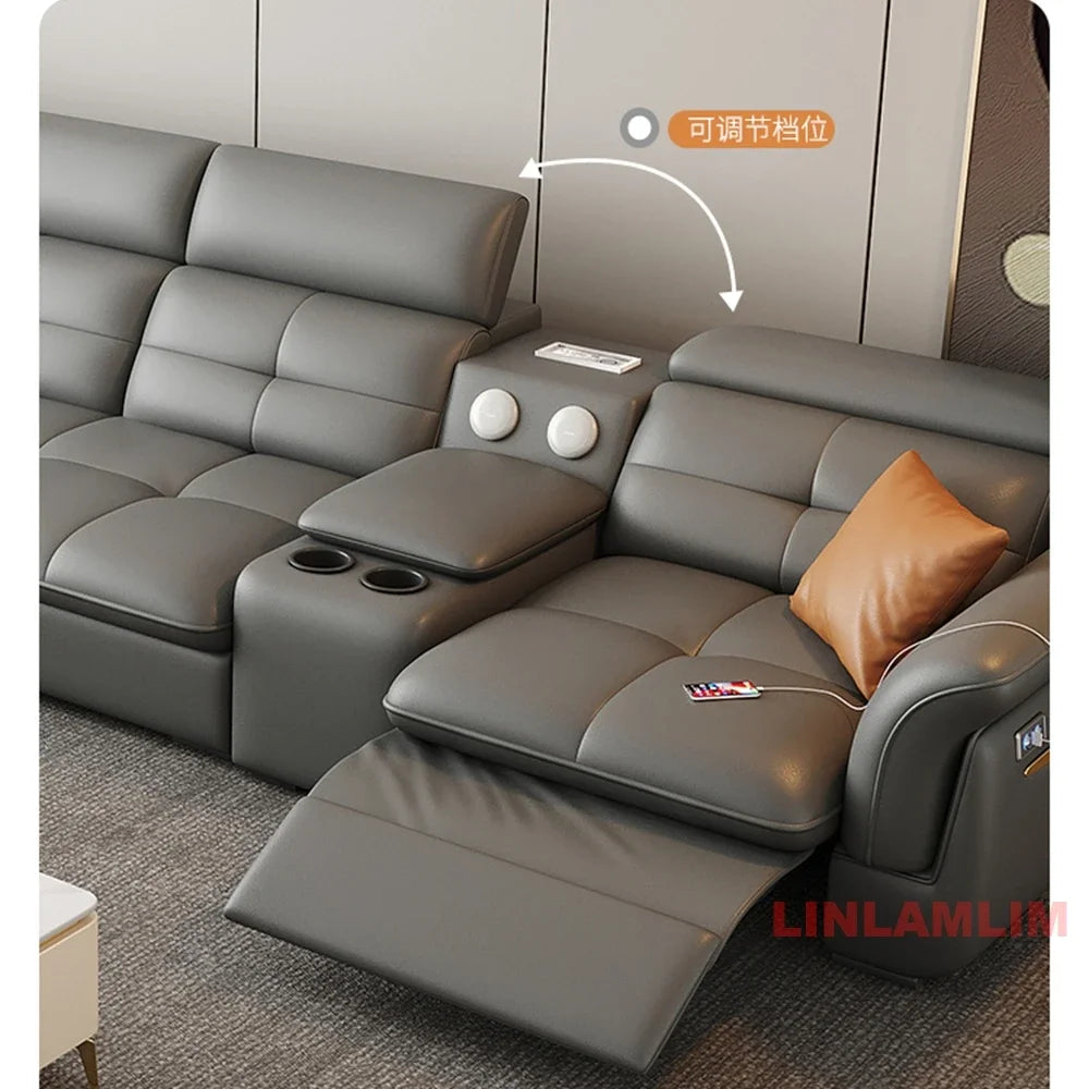 Modern Electric Recliner Sofa Bed with Adjustable Backrest, L-Shaped Multifunctional Italian Genuine Leather Sectional Couch