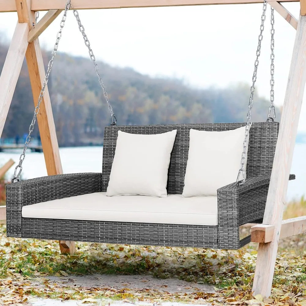 #For Heavy Duty 800 LBS Wicker Hanging Porch Swing with Cushions & Chains,  Outdoor Rattan Swing Bench for Garden, Yard&