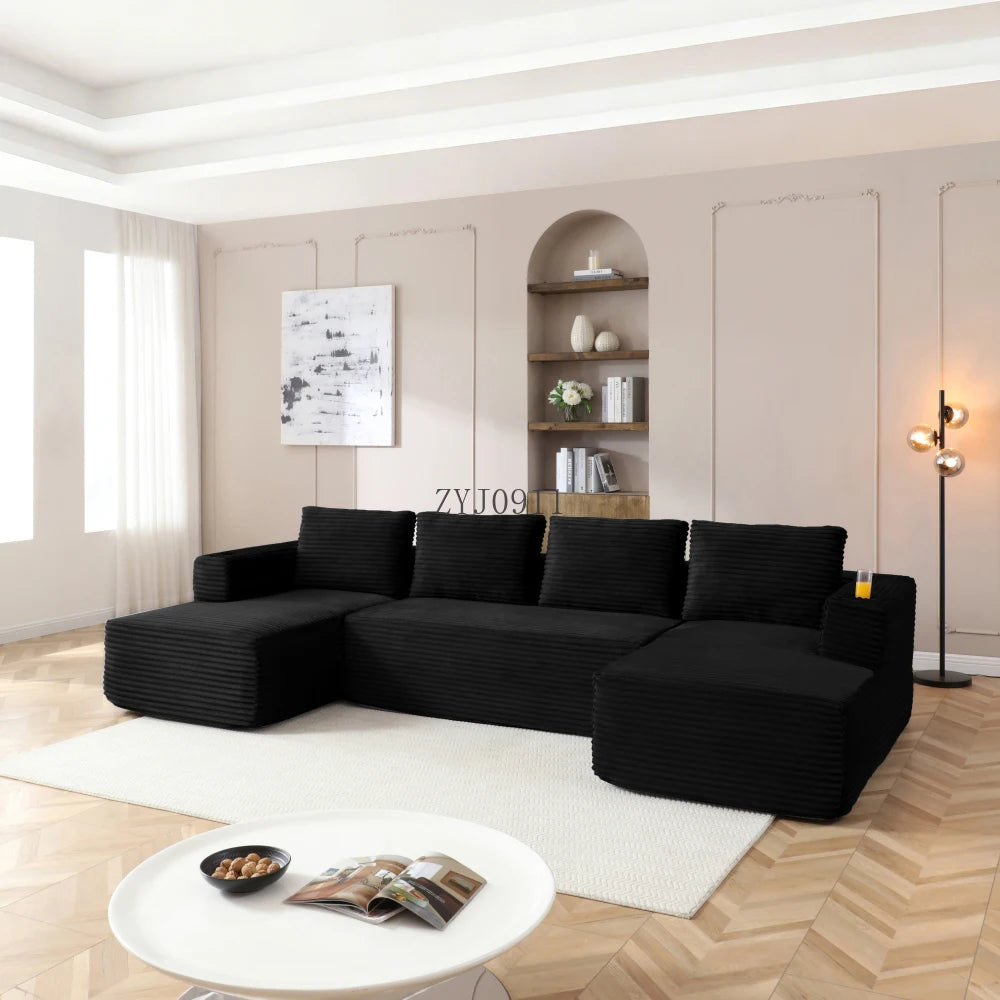 132-Inch boneless sofa, modern corduroy U-shaped modular section sofa, comfortable sofa with cup holder