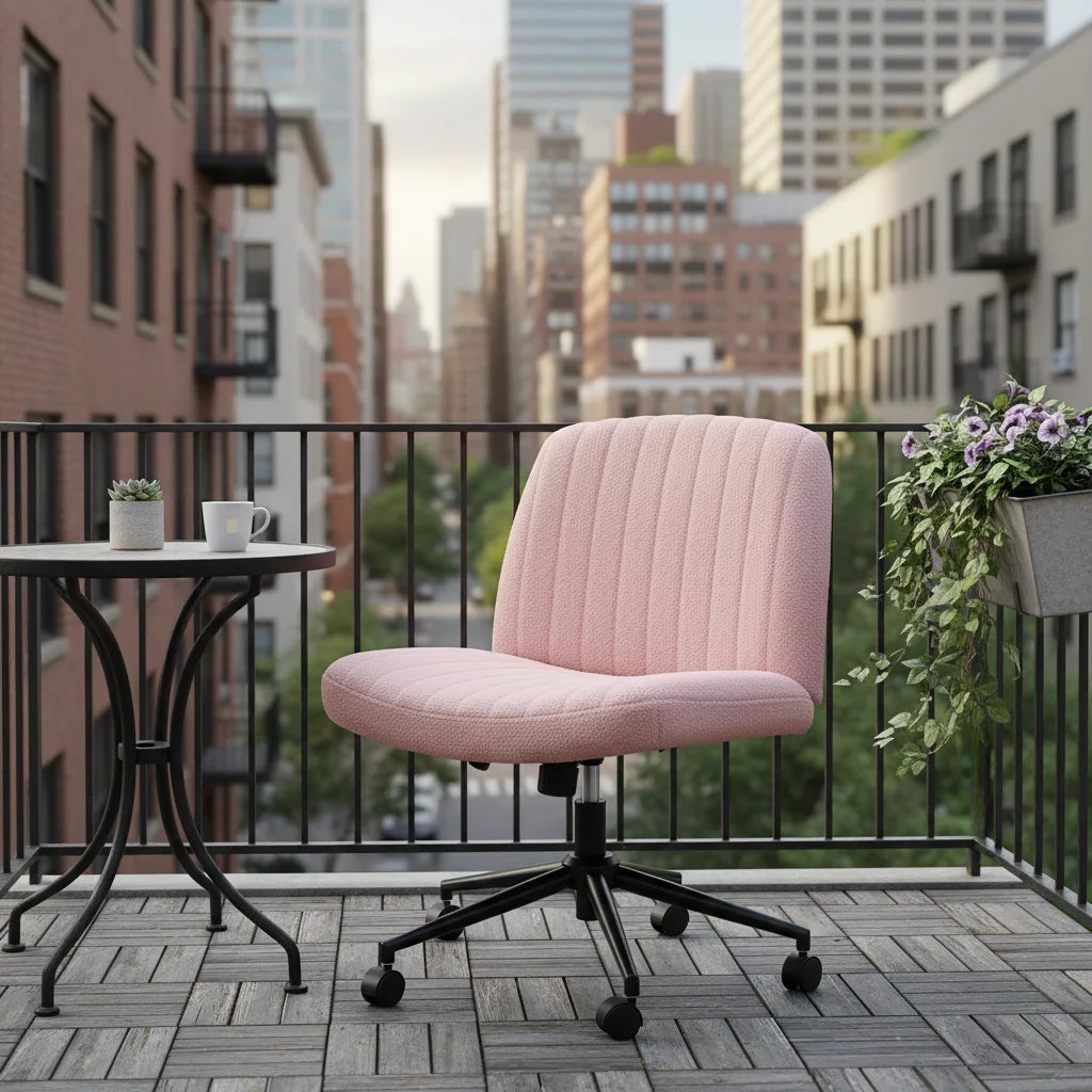 Pink Teddy Fabric Criss-Cross Desk Chair, Armless Swivel Seat with Wheels & Adjustable Height for Home Office