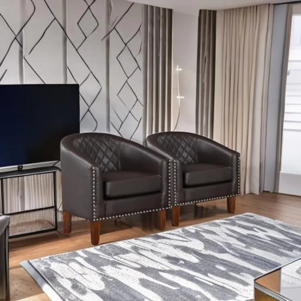 Comfy Barrel Accent Chair Set of 2 - Faux Leather Living Room Chair Club Chair with Cushion, Diamond Grid Backrest & Nailhead T