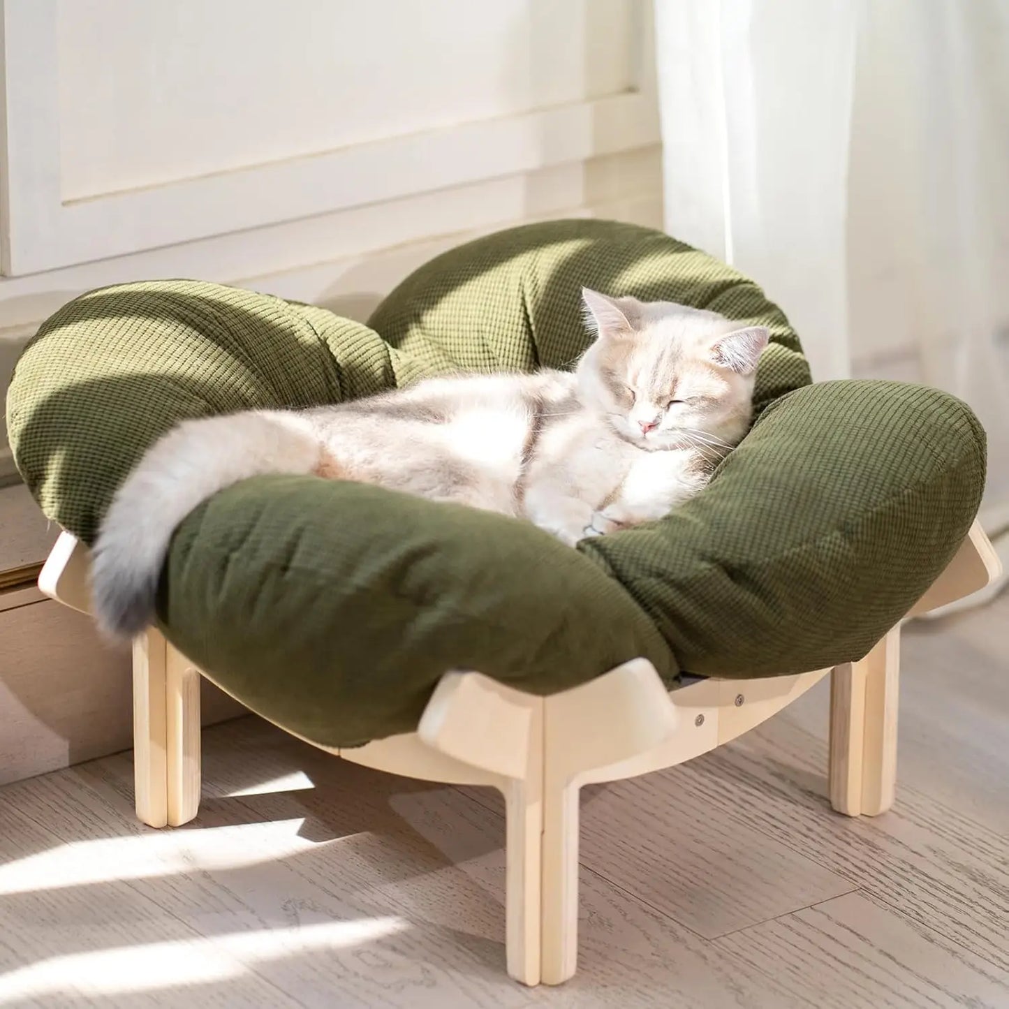 Elevated Cat Bed Wooden With Cushion Fluffy Pet Couch Sofa For Indoor Cats Raised Kitty Lounge Chair Suitable