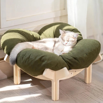 Elevated Cat Bed Wooden With Cushion Fluffy Pet Couch Sofa For Indoor Cats Raised Kitty Lounge Chair Suitable