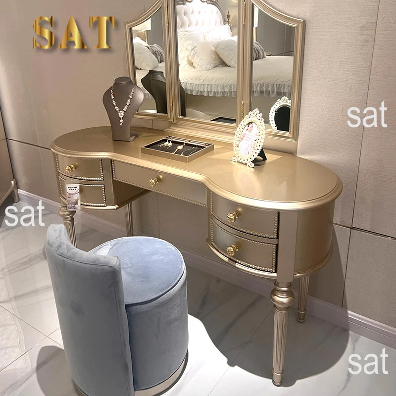 Luxury Custom Solid Wood Dressing Table With Extendable Vanity Desk & Mirror European & American Style