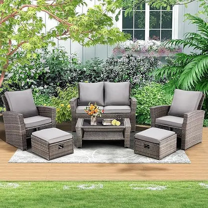 6 Pieces Patio Furniture Set, Outdoor Sectional Conversation Rattan Sofa Set with Ottoman and Outdoor Storage Table for Garden,