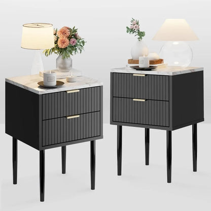 Black Marble Nightstands Set of 2 with Gold Handle, Striped Night Stand with Drawers, End Side Table with Faux Marble Top, 2 Dr