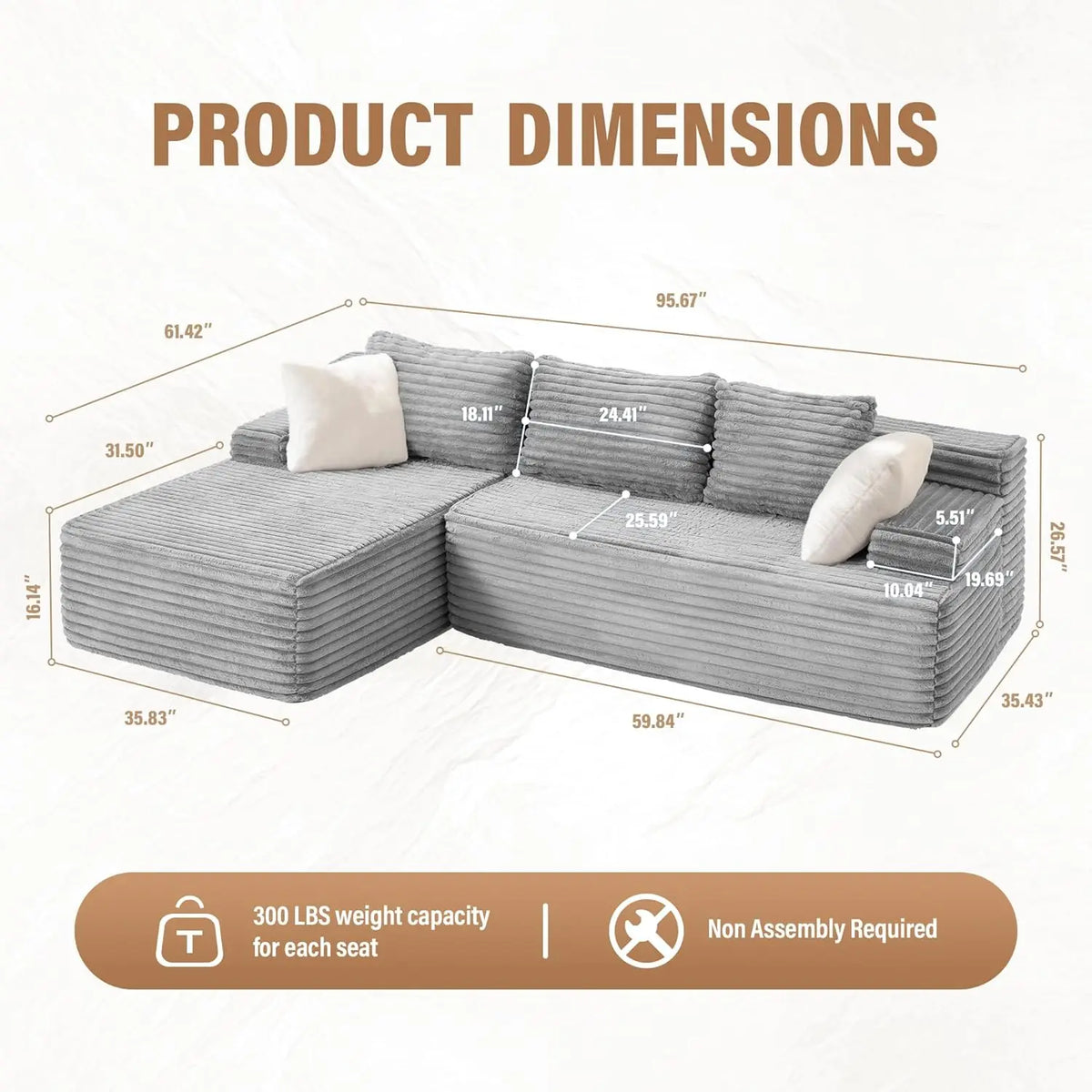3 Seat L-Shape Modular Couch, Customized High Elastic Memory Foam Living Room Sofa