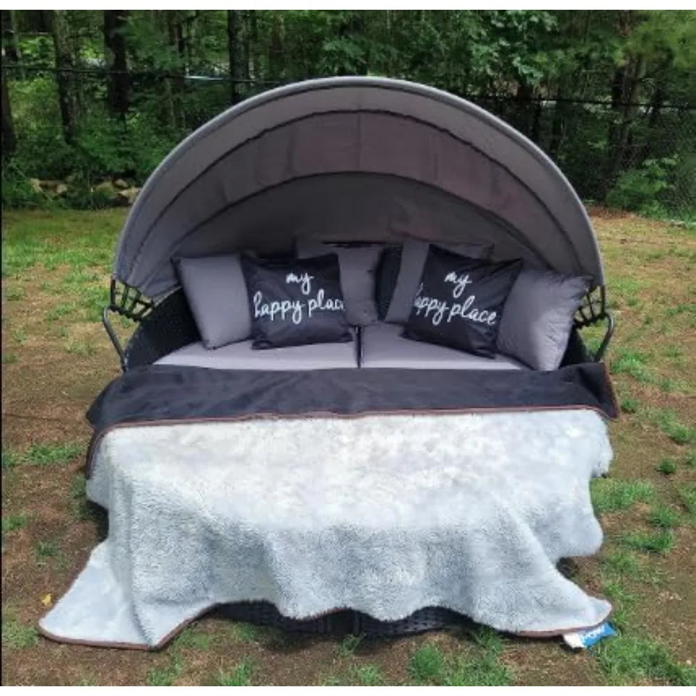 Outdoor Patio Canopy Bed Round Daybed with Washable Cushions, Clamshell Sectional Seating Wicker Furniture with Retractable Can