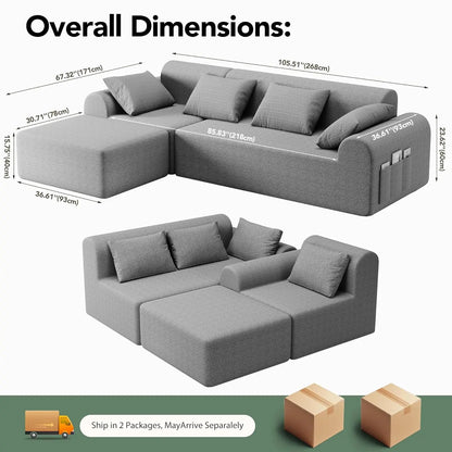 105.5" Cloud Boneless Sectional Sofa for Living Room, 4-Seater L-Shaped Comfy Couch with Ottoman, 4 Pillows, Deep, Customized