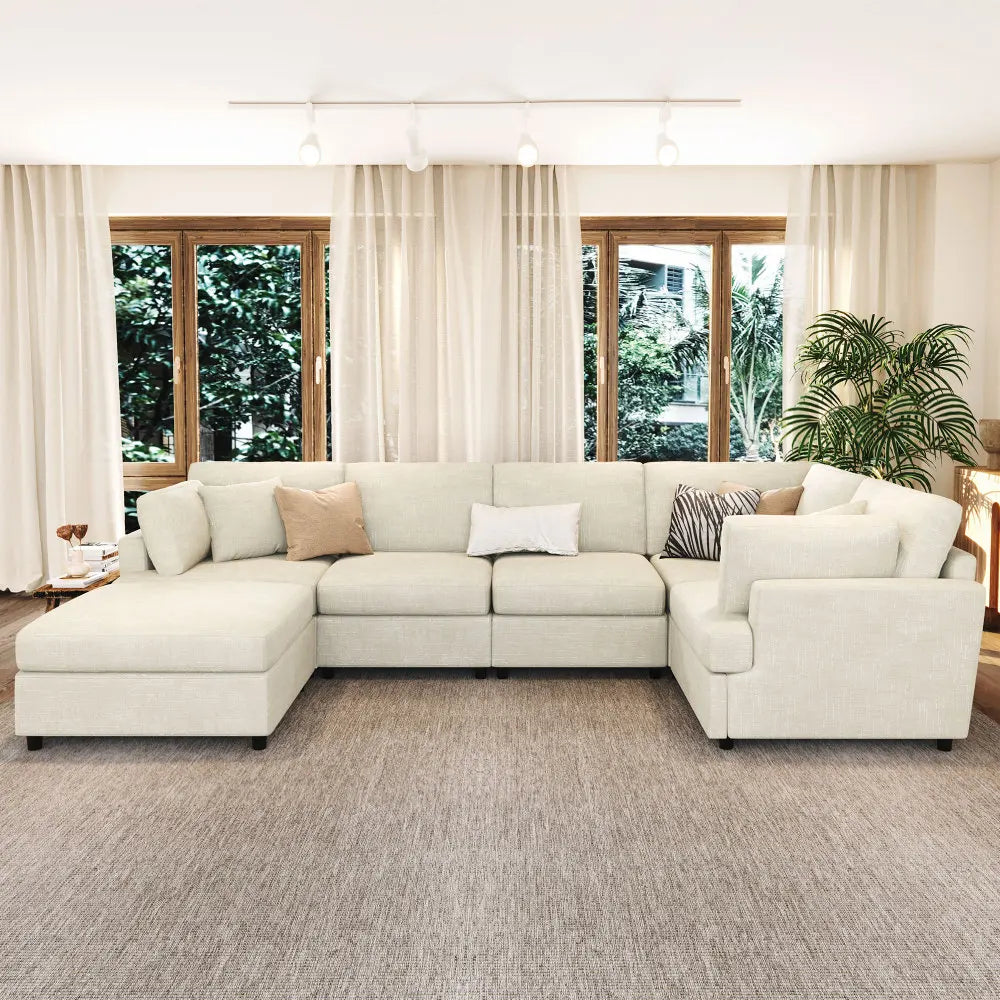 127 inch U-shaped segmented sofa with movable Ottoman style, 6-piece set of chenille fabric sofa