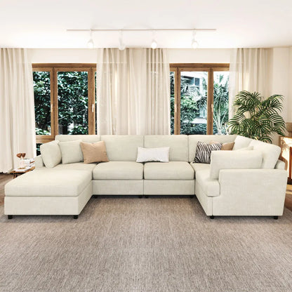 127 inch U-shaped segmented sofa with movable Ottoman style, 6-piece set of chenille fabric sofa