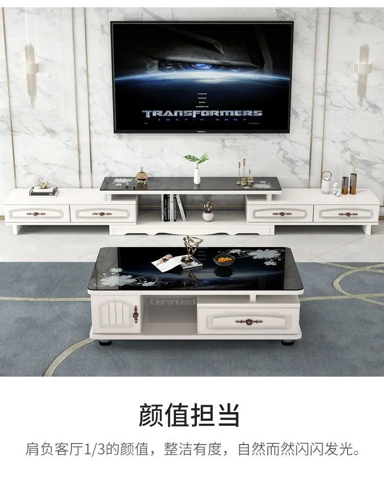 Modern & Minimalist Tempered Glass Expandable TV Stand & Coffee Table Set - European Style, Ideal for Small - Space Living Rooms