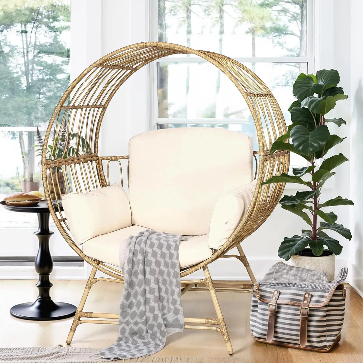 Egg Chair Outdoor Indoor, Oversized Rattan Chair with Thicken Cushion, 510LBS Capacity Wicker Patio Lounge Chair