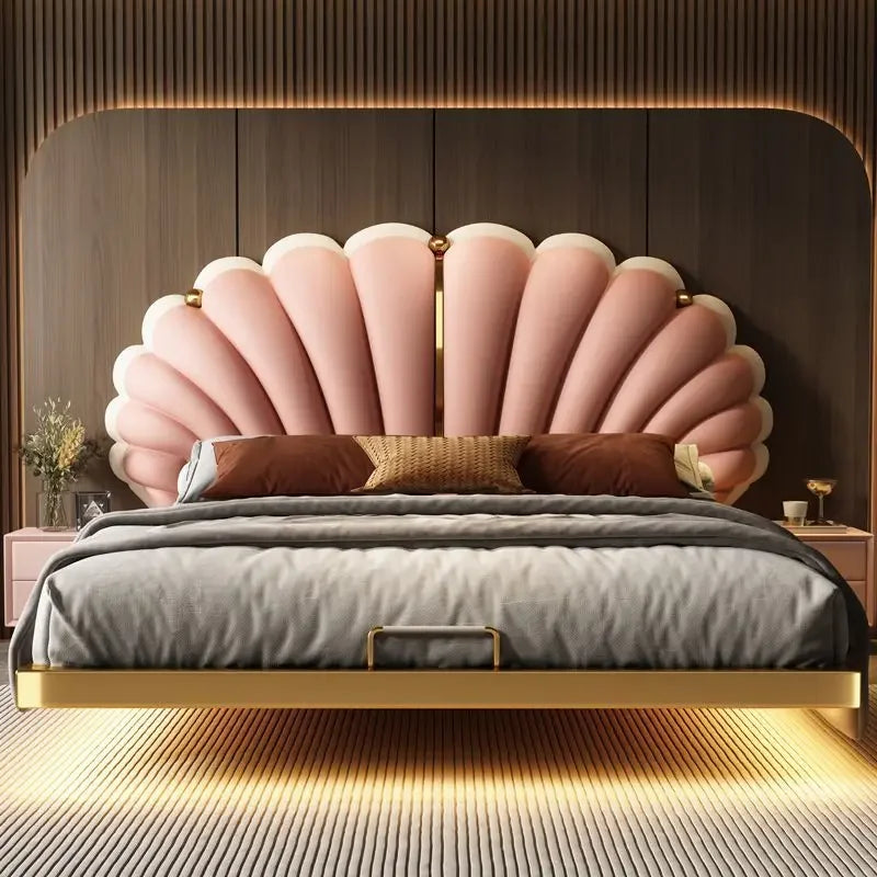 Luxury Beds 2 People Frame Floating Light Luxury Leather LED Lamp Double Bed Pink And Blue Queen Bed Frames Bedroom Furniture